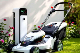 Elektro‑Rasenmäher auf Ladeplattform, weißes Design
