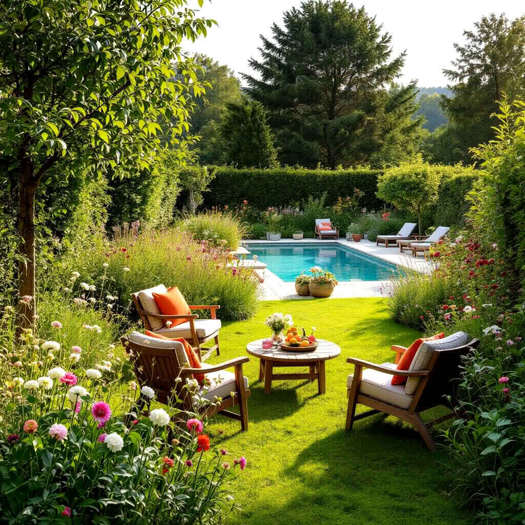 garten Ein idyllisches Bild einer gelungenen Gartengestaltung im Sommer mit Wiese, Bäumen, Swimmingpool, Gartenmöbeln und Blumenbeeten.