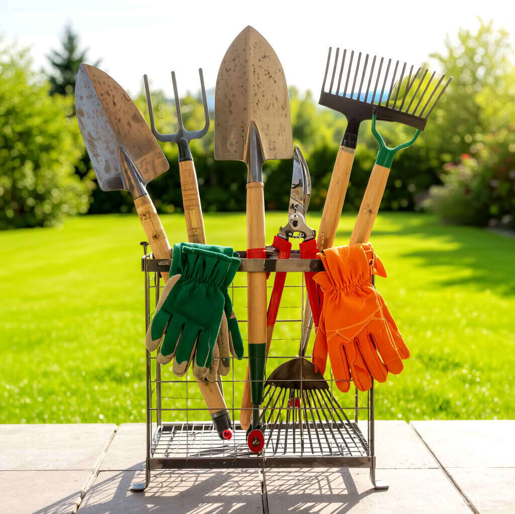 Gartengestaltung mit Spaten, Hacke, Rechen, Scheren und Handschuhen auf Metallständer vor üppigem Rasen.