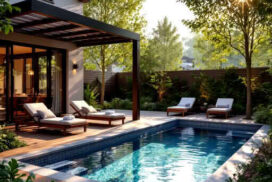 Luxuriöser Hinterhofpool mit Holzdeck, Liegestühlen und Pergola mit tropischem Sonnendach, Sonnenlicht.