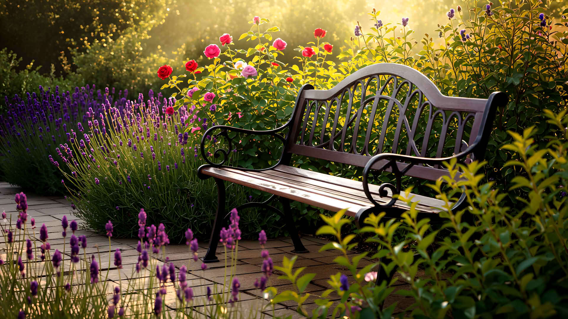 Rustikale Gartenbank mit Schmiedeeisen‑Rahmen, neben Rosen‑ und Lavendelbeet
